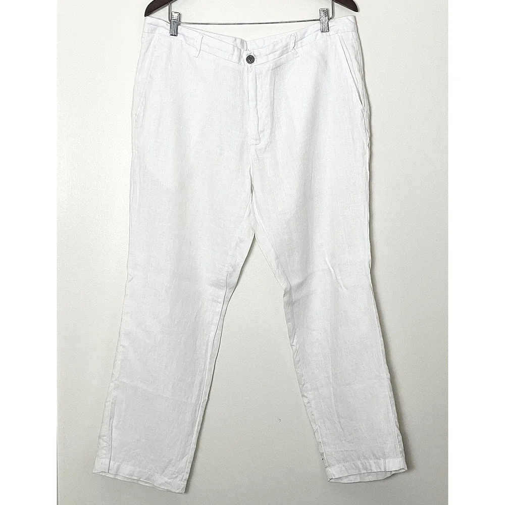 Tasso Elba 100% Linen Pants Men's 36W 30L White Straight Leg Trousers   Summer